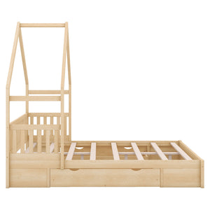 House Style Platform Bed With Guardrail And 2 Drawers