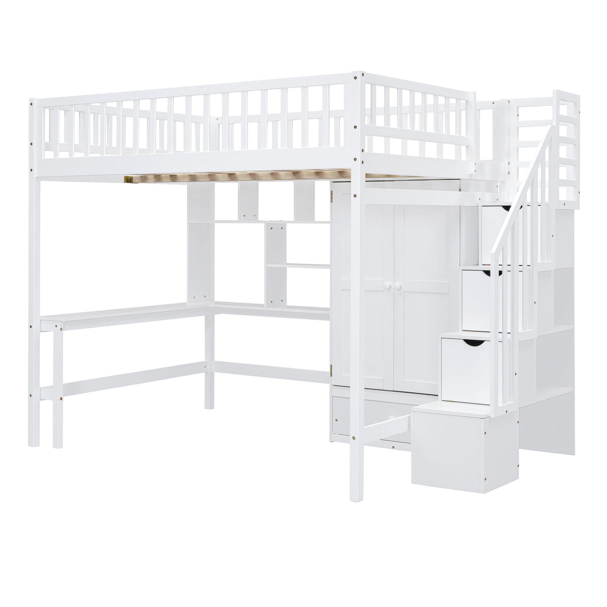 Loft Bed With Bookshelf, Drawers, Desk, And Wardrobe
