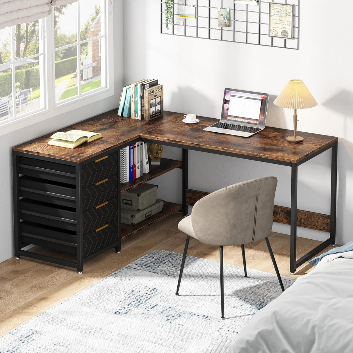 L-Shaped Computer Desk With Drawers and Shelves, Workstation for Home Office