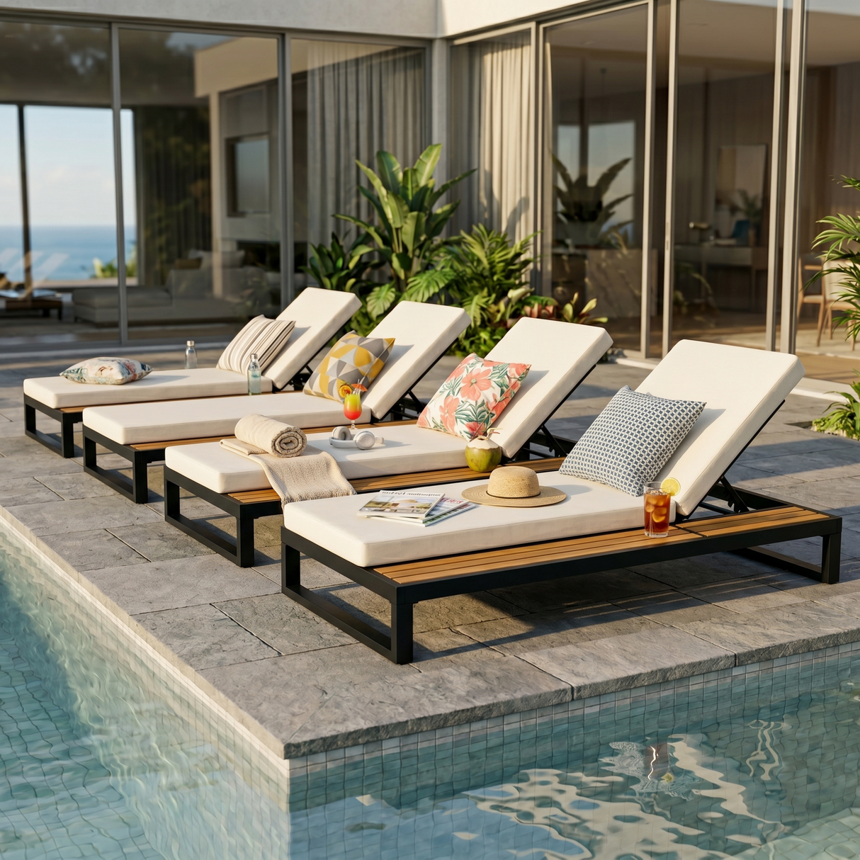 Black Iron & Teak Finish Chaise Lounge Set: 1 Frame + 1 2-Fold