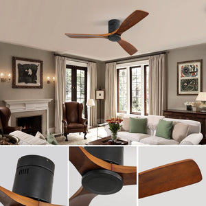 Ceiling Fan With 3 Solid Blades, Remote Controlled Reversible DC Motor - Black