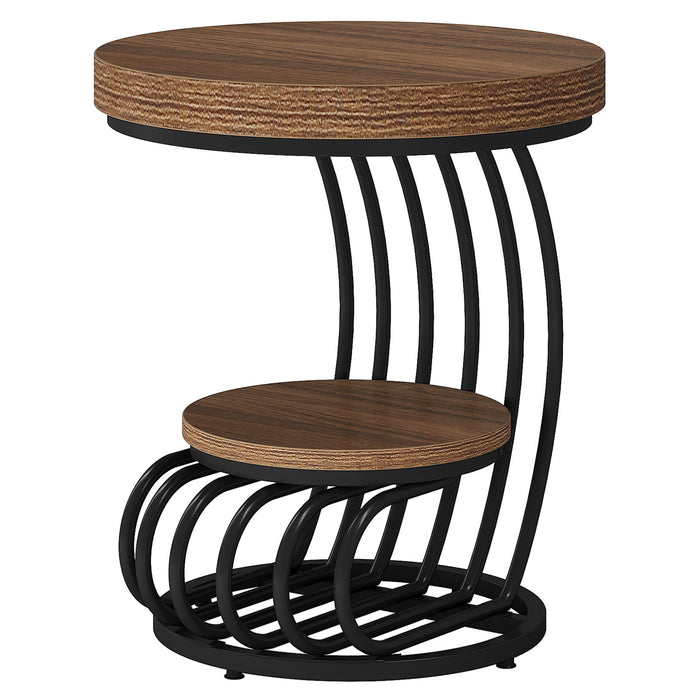 Round Vintage End Table with 2 Tier Storage - Dark Brown, Light Brown, White