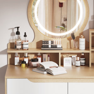 Elegant Makeup Vanity Desk With Adjustable Lighted Mirror Table Feet - American White Oak