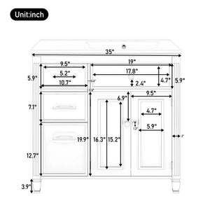 36" Bathroom Vanity with Sink, Ceramic Sink, One Tip-out Drawer, 3 Side Drawers, Adjustable Shelf