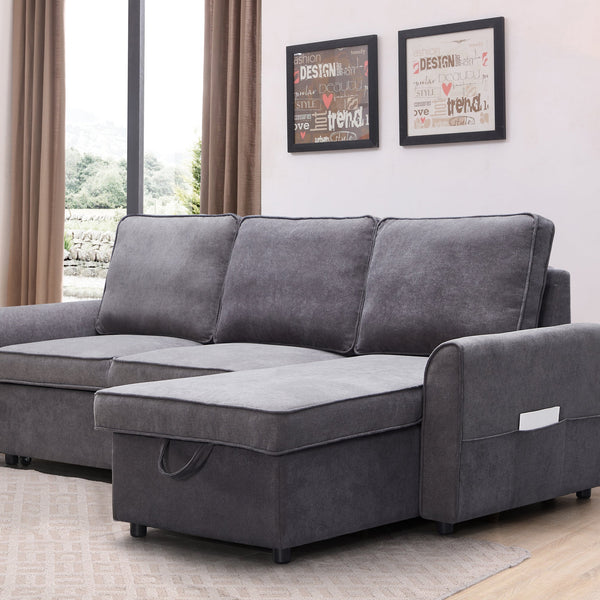 Modern Modular L-Shaped Sofa Bed with Chaise Dark Grey Linen