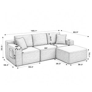 L-Shaped Sectional Sofa with Ottoman, Corduroy 3-Seat Couch for Living Room