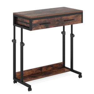 Portable Laptop Desk With Drawer & Wheels, Height Adjustable, Storage Shelf - Brown / Black