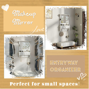 Floating Makeup Vanity With Big Mirror, Wall Mounted Storage Vanity With Drawers, Pockets & Hooks, Space Saving Decorative Home Organizer - White