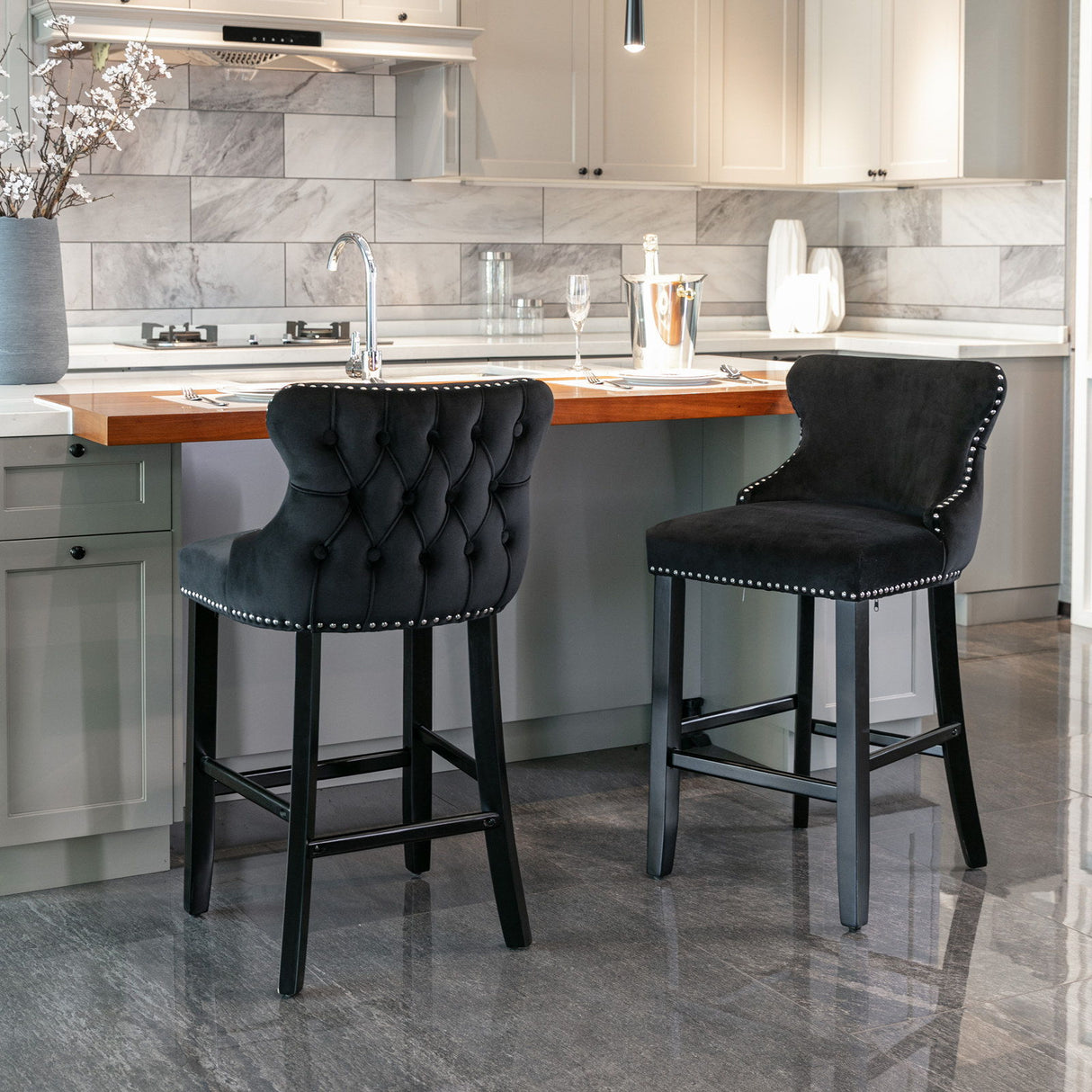 Contemporary Upholstered Wing-Back Barstools With Button Tufted Decoration And Wooden Legs, And Nailhead Trim, Leisure Style Bar Chairs, Bar Stools (Set of 2)