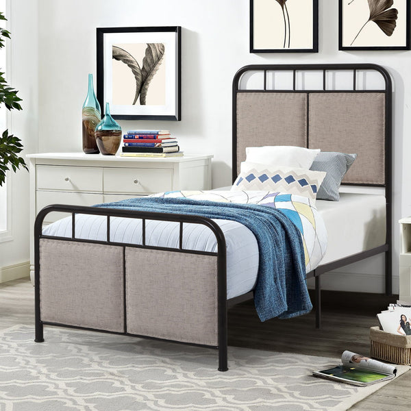 Twin Size Linen Upholstered Platform Metal Bed Frame With Fabric Headboard And Footboard - Brown