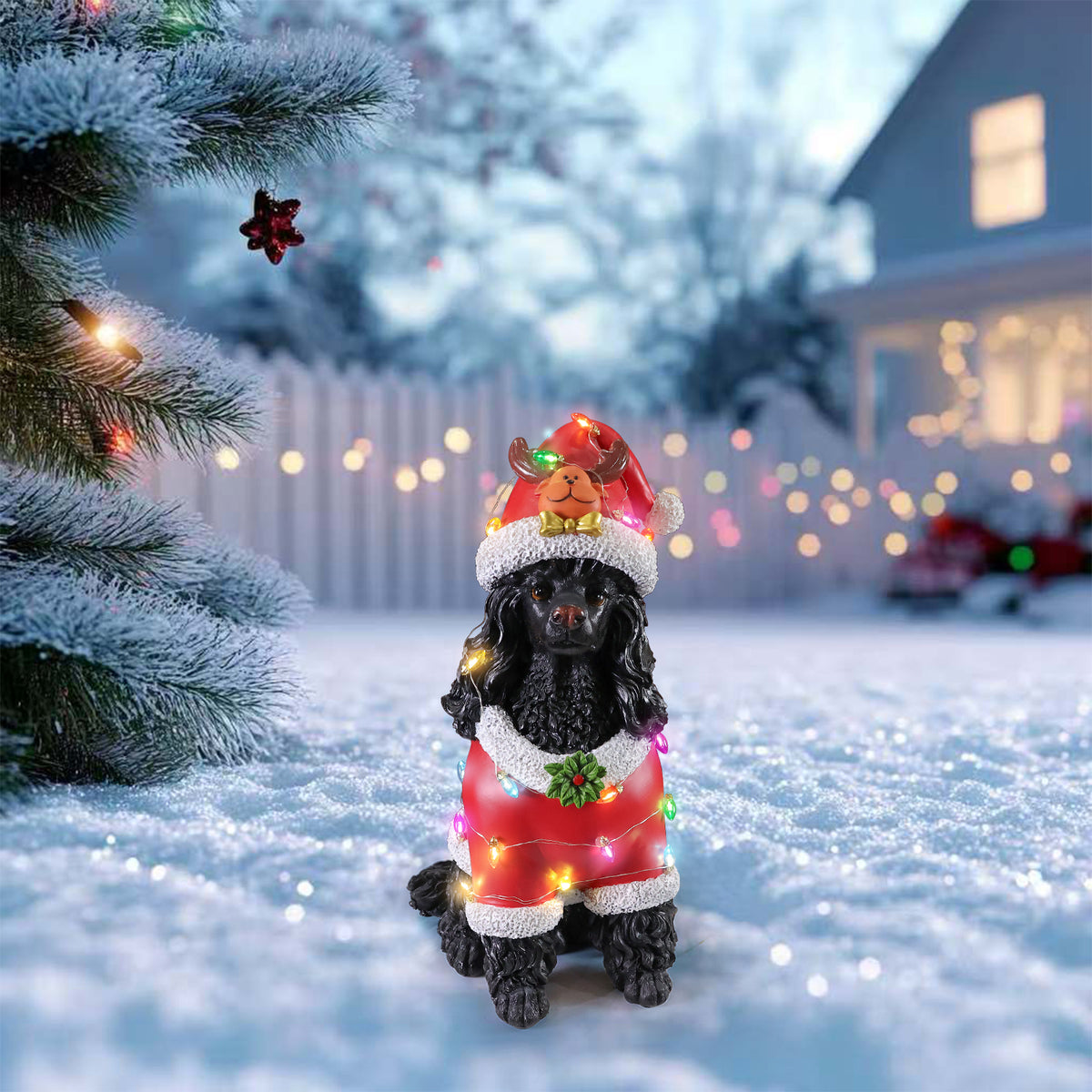 Festive Black Poodle Christmas Statue
