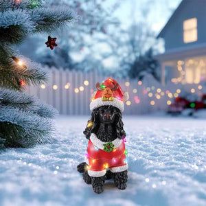 Festive Black Poodle Christmas Statue