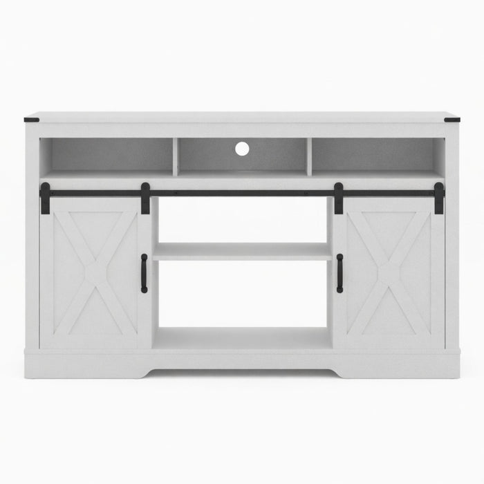 Farmhouse TV Stand with Sliding Barn Doors and Adjustable Storage - White, Black, or Dark Gray