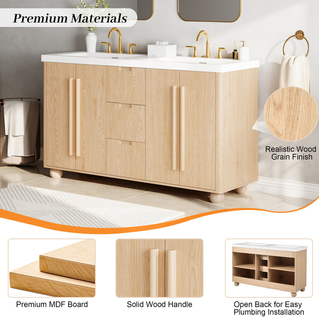 58.3" Bathroom Vanity Cabinet With 3 Drawers & 4 Doors