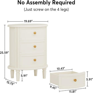 Oval Nightstand With 3 Drawers, Bedside Table - White