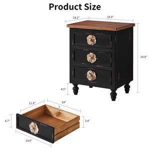 Vintage Farmhouse End Table with Floral Knobs, 19-Inch, 3-Drawer Nightstand, Antique Black