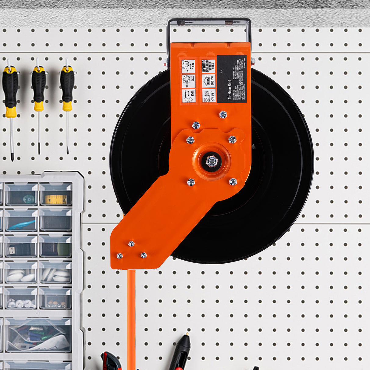 Retractable Air Hose Reel with 3/8 IN x 50 FT Hybrid Hose, Max 300 PSI