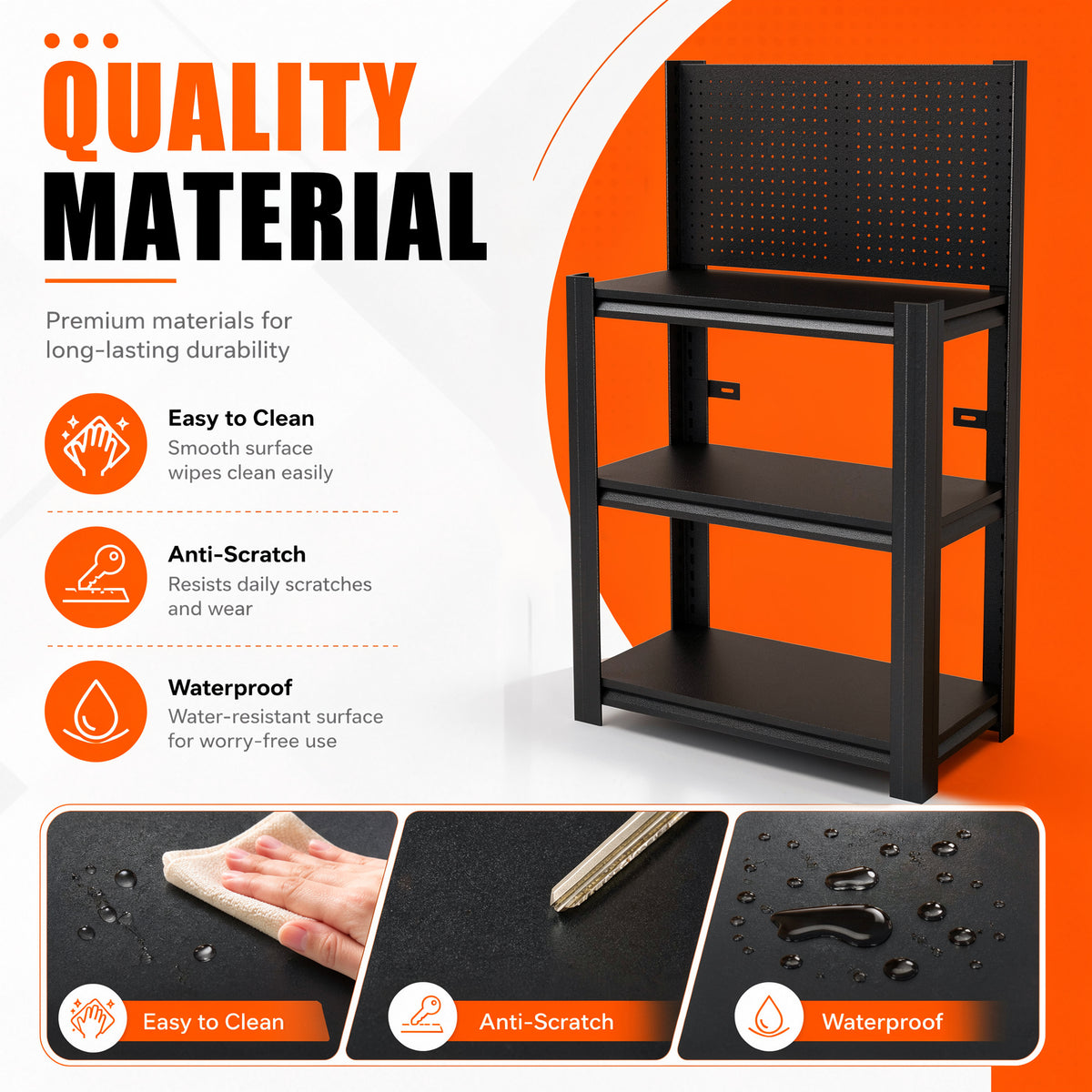 3-Tier Heavy-Duty Metal Storage Shelving Unit with Pegboard