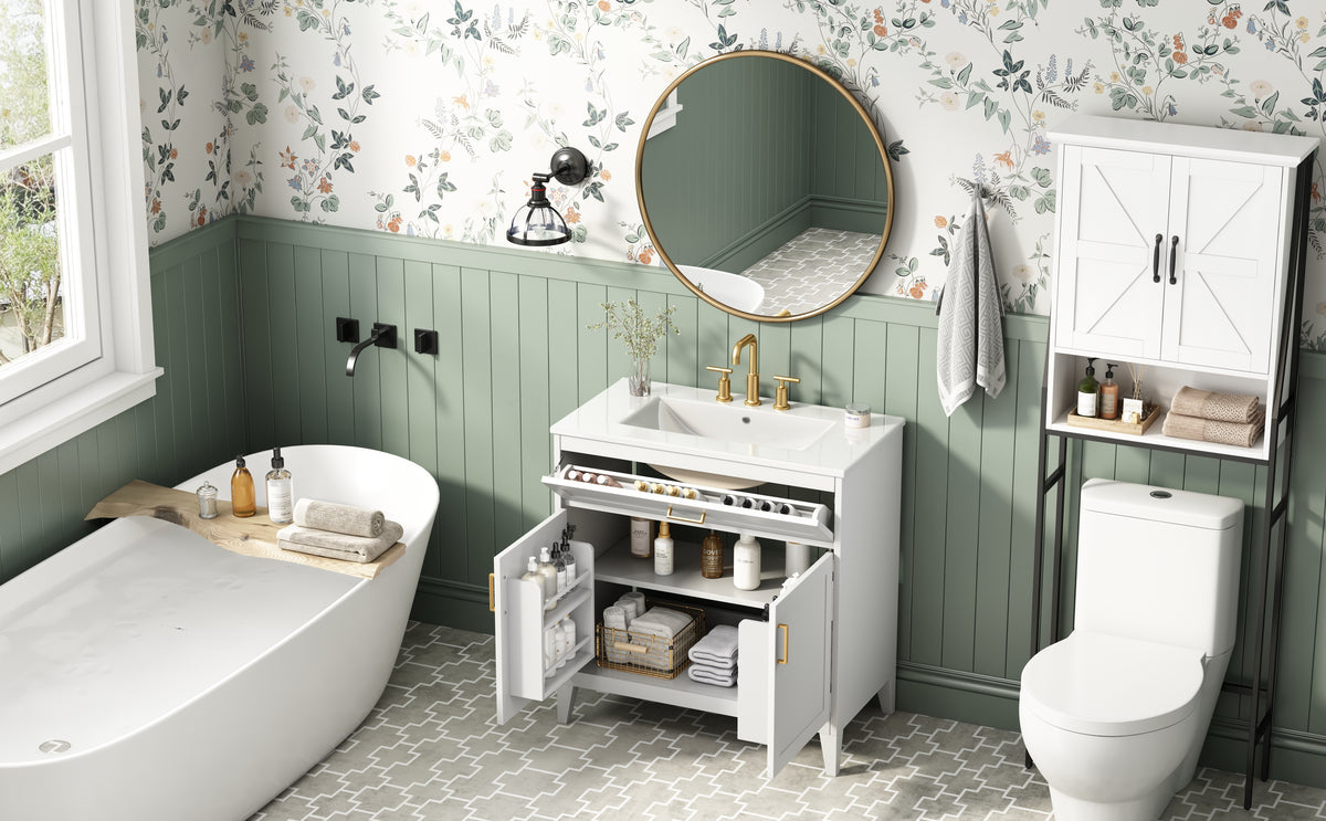 30-Inch Bathroom Vanity with Ceramic Sink Top, Soft-Close Doors, White