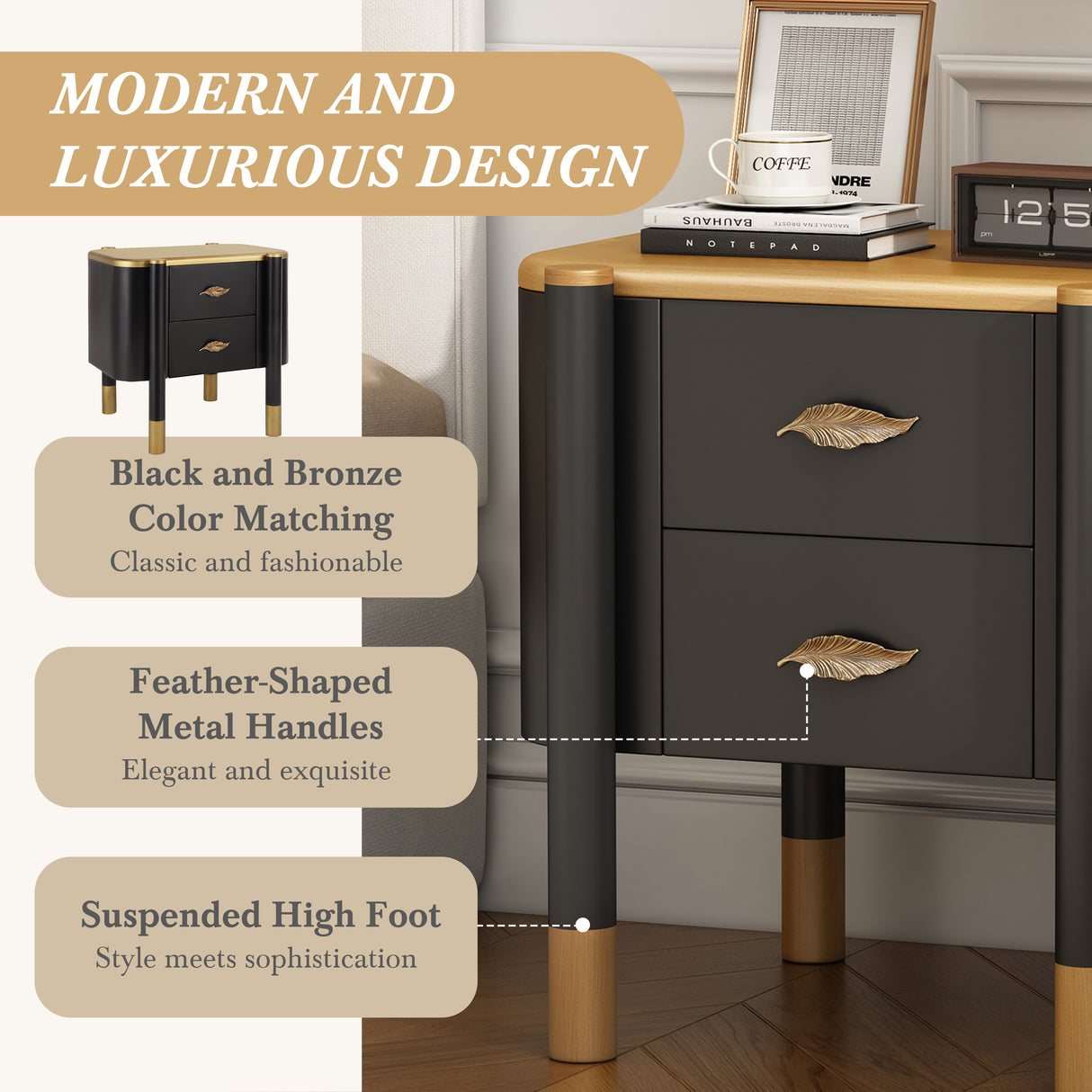 Contemporary 2 Drawers Nightstand with Curved Profile Design