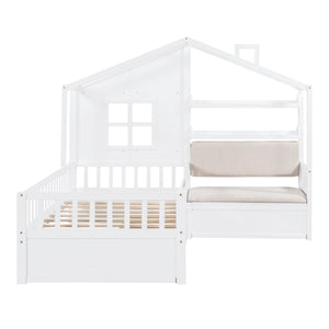 House Bed With Sofa, Kids Platform Bed With 2 Drawers And Storage Shelf