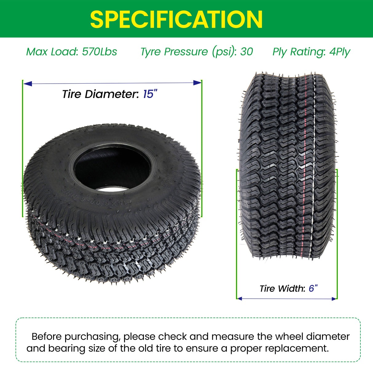 Set of 2 15x6.00-6 Lawn Mower Tires