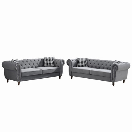 Chesterfield Upholstery Fabric Sofa With Roll Armrest & Nailhead, Mid Century Modern 3 And 3 Seater Couch