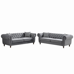 Chesterfield Upholstery Fabric Sofa With Roll Armrest & Nailhead, Mid Century Modern 3 And 3 Seater Couch