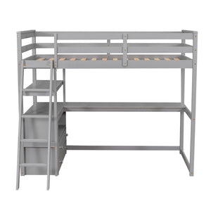 Modern Loft Bed With Built In Desk, Shelves, And 2 Drawers