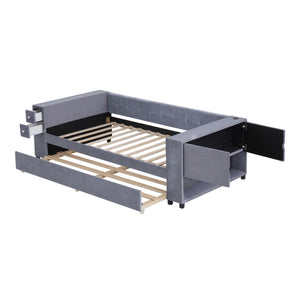 Upholstered Bed With Storage And Twin Trundle, USB Charging Ports