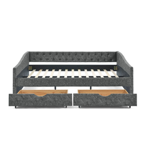 Upholstered Tufted Daybed With 2 Drawers, Waved Arms