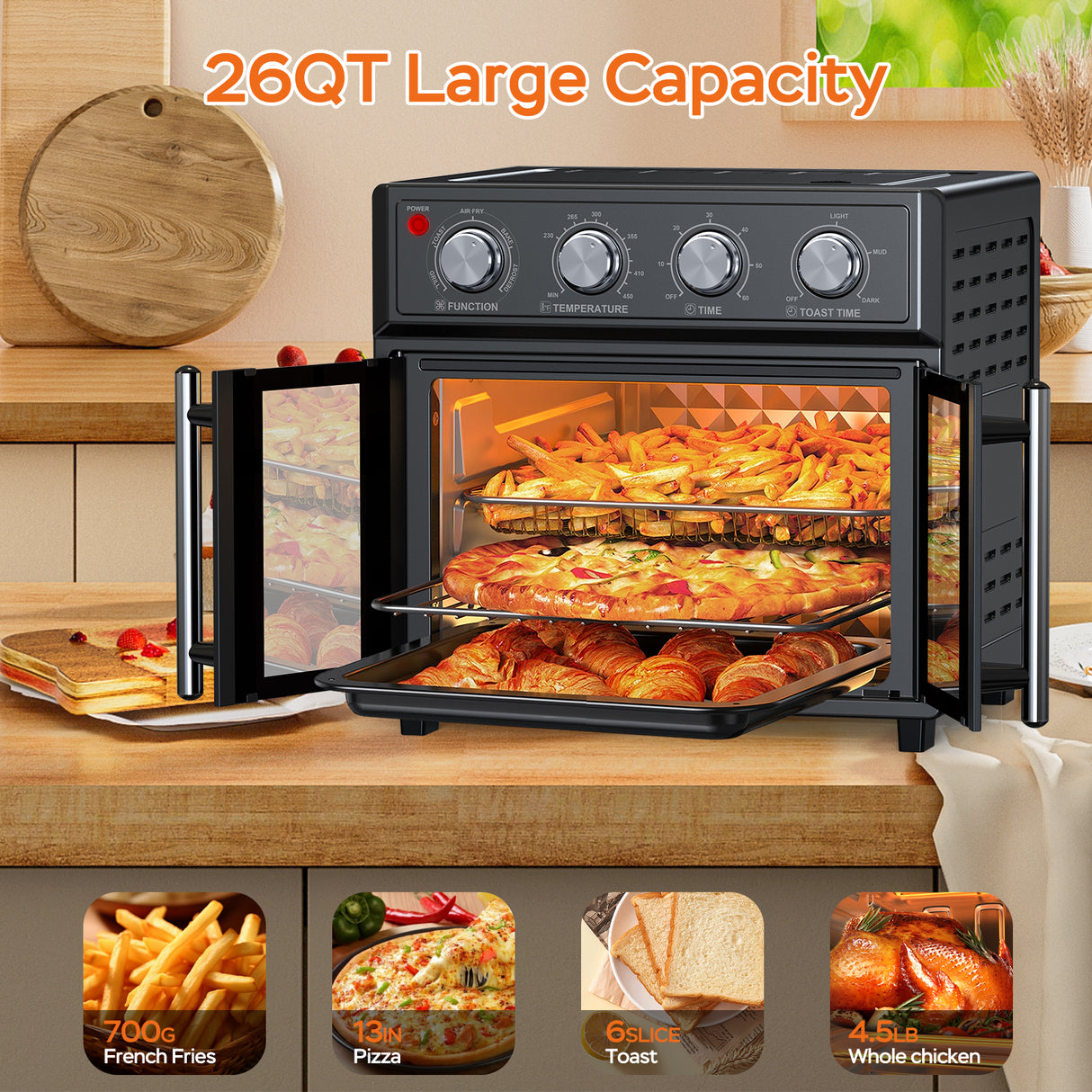 PlumChef 26QT Large Capacity French Double-Door Air Fryer Convection Toaster Oven