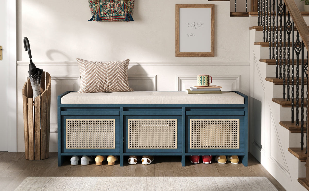 TREXM 48" Entryway Shoe Bench, Retro Storage Bench with Rattan Drawers