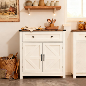 White & Wood-Grain Top Farmhouse Barn-Door Storage Cabinet