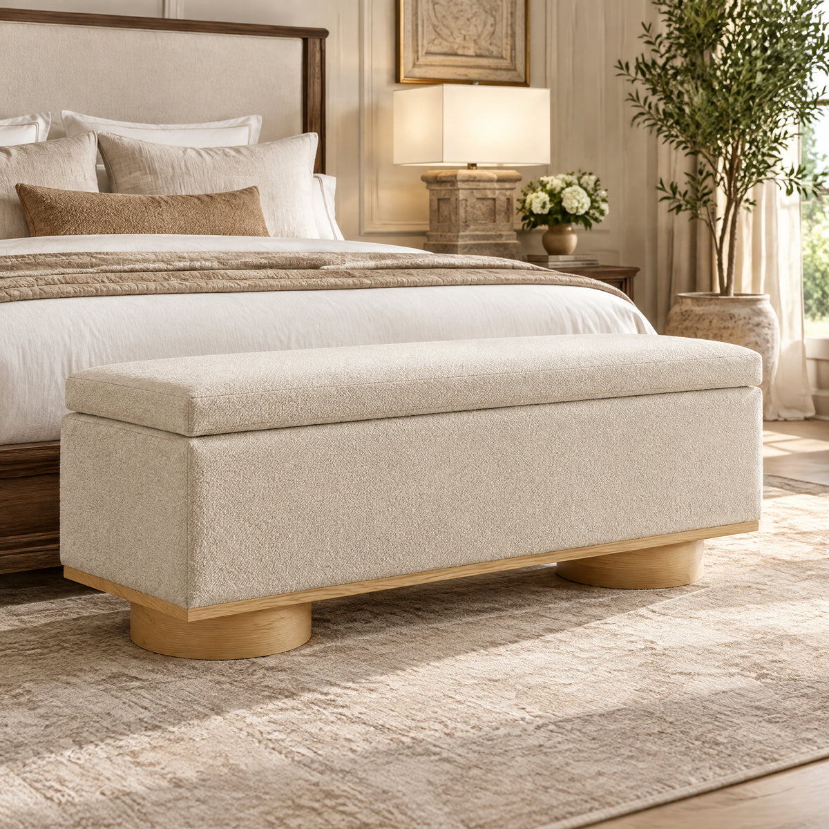 Modern 50" Oatmeal Upholstered Storage Bench
