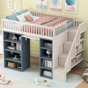 Full Size Loft Bed With 2 Four Layer Storage Cabinets And Curtain With Built In Staircase And Privacy Curtain - White