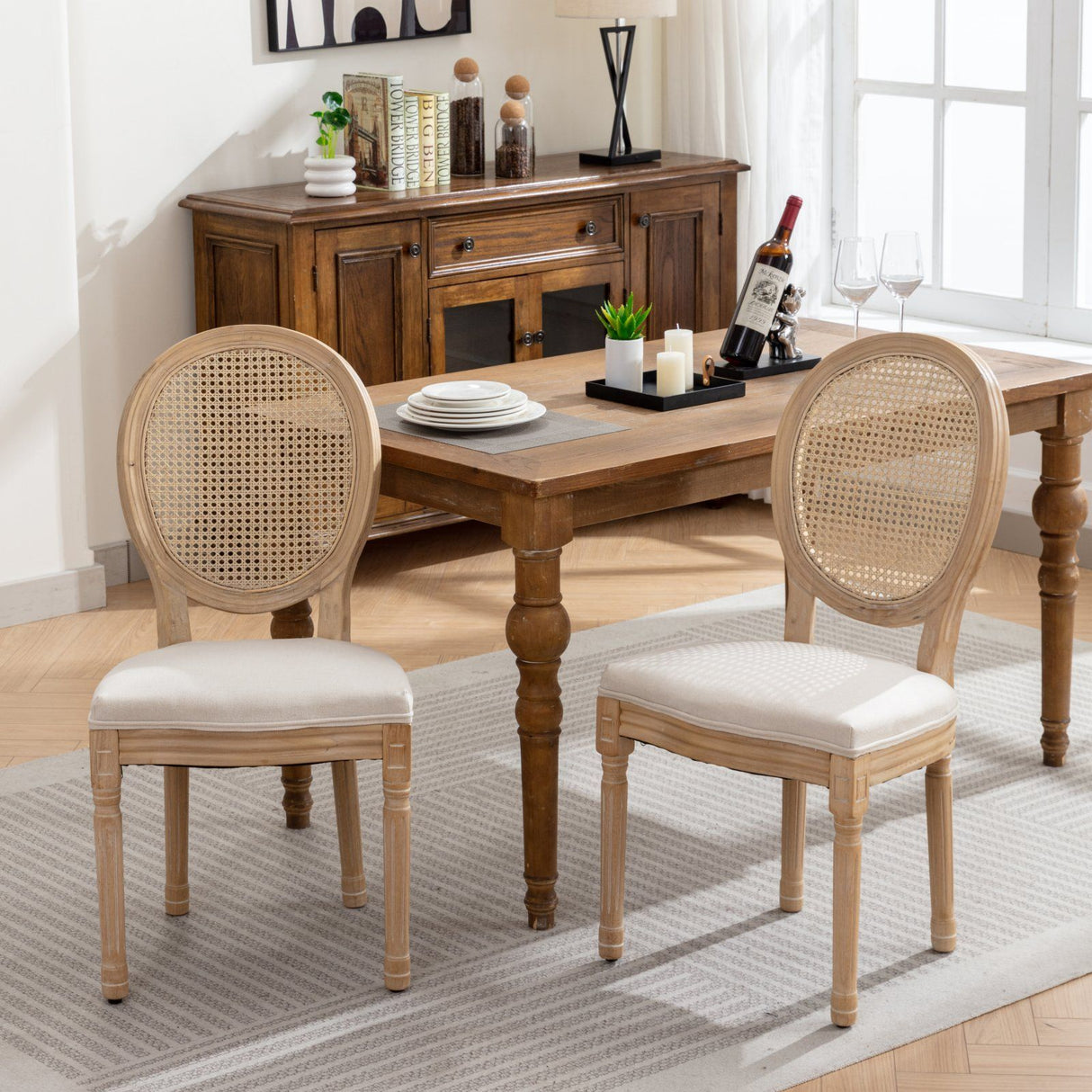 French Style Solid Wood Frame Antique Painting Fabric Rattan Back Dining Chair (Set of 2)