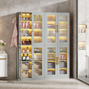 Bookcase With Doors And LED Lighting, 8 Adjustable Shelves Storage Cabinet