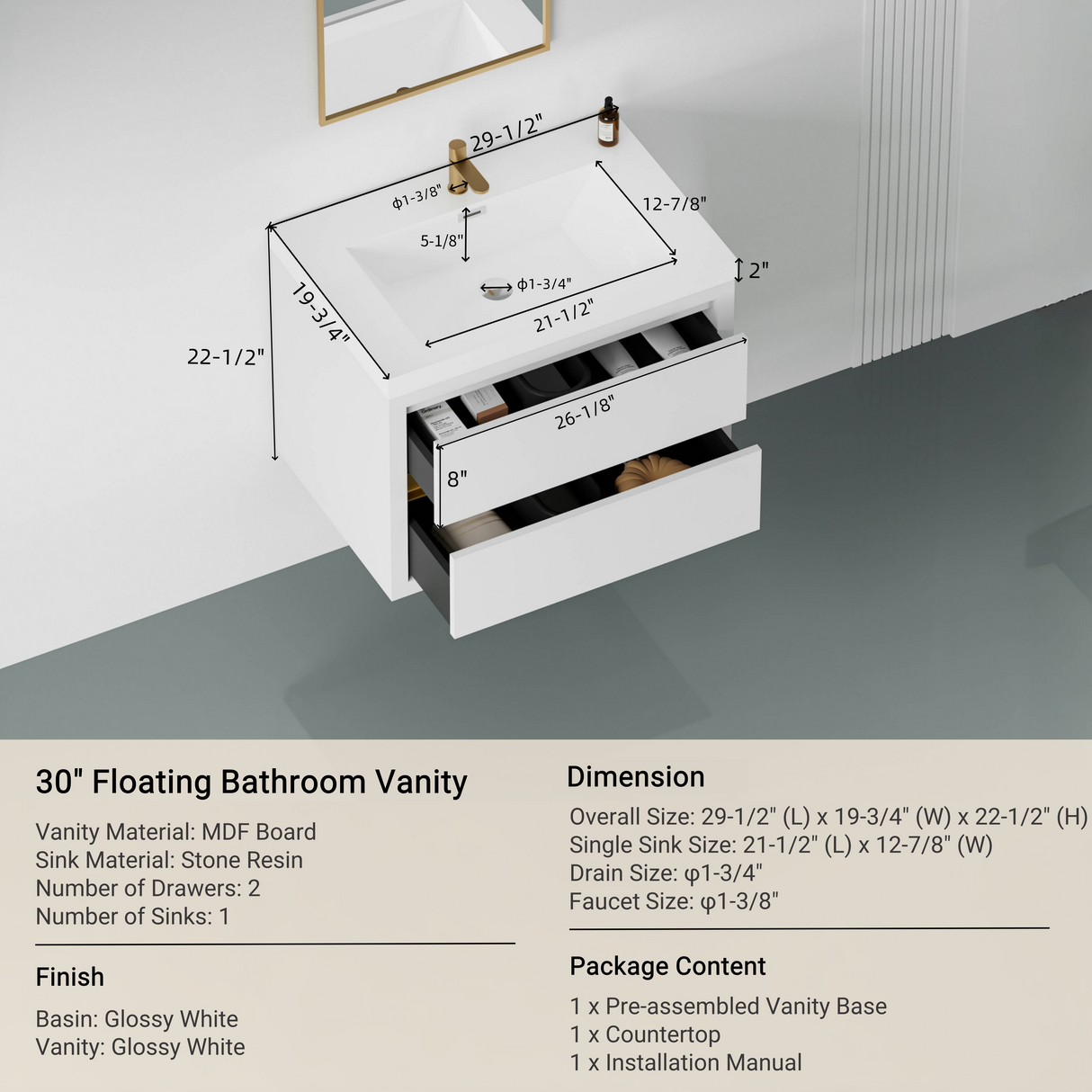 30" Wall-Mounted Bathroom Vanity with Sink