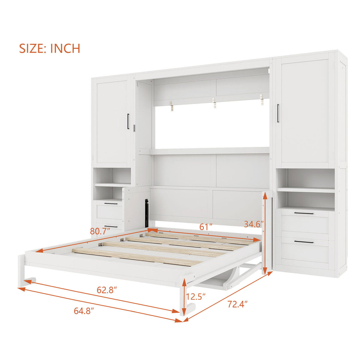 Queen Size Murphy Bed Wall Bed with Closet, Drawers and Shelves, White