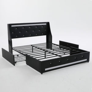 Wingback Upholstered Bed Frame With LED Lights, Charging Station