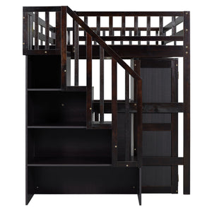 Loft Bed With Stairs, Bookshelf, Drawers, Desk & Wardrobe, Space Saving Multifunctional Furniture
