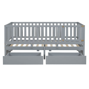 Daybed With Fence Guardrails And 2 Drawers, Split Into Independent Floor Bed & Daybed