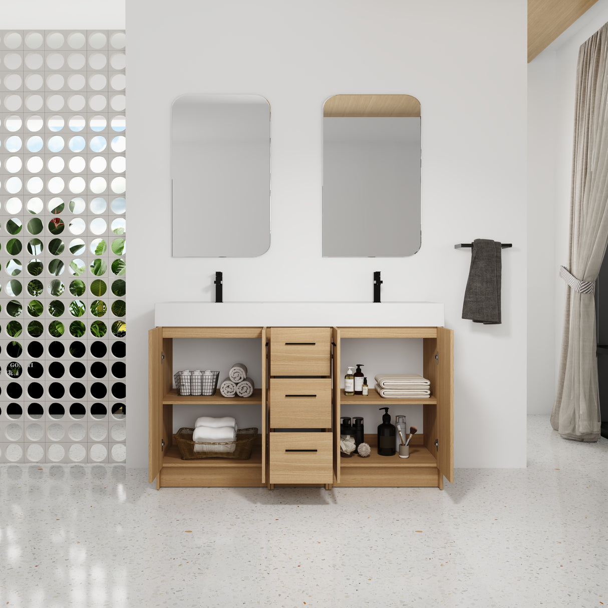 60" Double Sink Bathroom Vanity with 3 Drawers and Large Storage