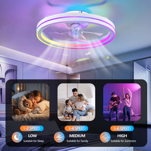 RGB Ceiling Fan with Lights, 19'' Smart LED Bladeless Chandelier Fan