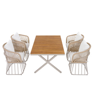 Outdoor 5-Piece Dining Set - Rectangular Teak Wood Table + 4 Wicker Chairs with Cushions