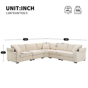 Convertible L Shaped Sectional Corner Couch With Armrest Storage Cup Holders USB Charger, Irregular Corner Oversized Comfy Modular Sofa