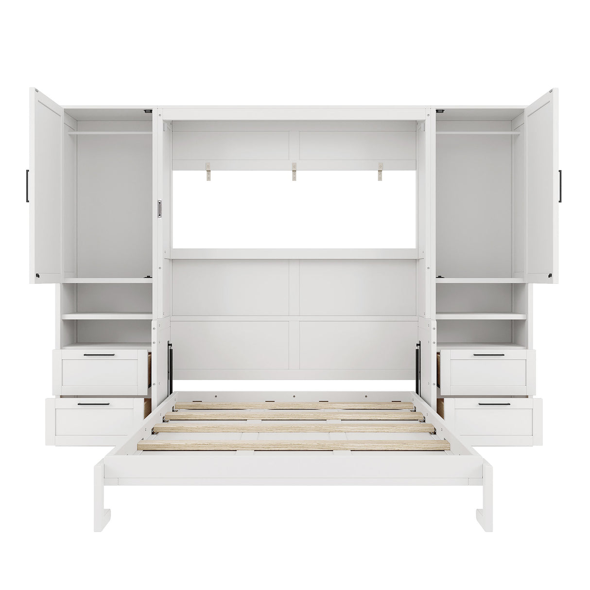 Queen Size Murphy Bed Wall Bed with Closet, Drawers and Shelves, White