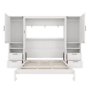 Queen Size Murphy Bed Wall Bed with Closet, Drawers and Shelves, White
