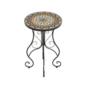 Round Ceramic Outdoor Side Table, Colorful + Black